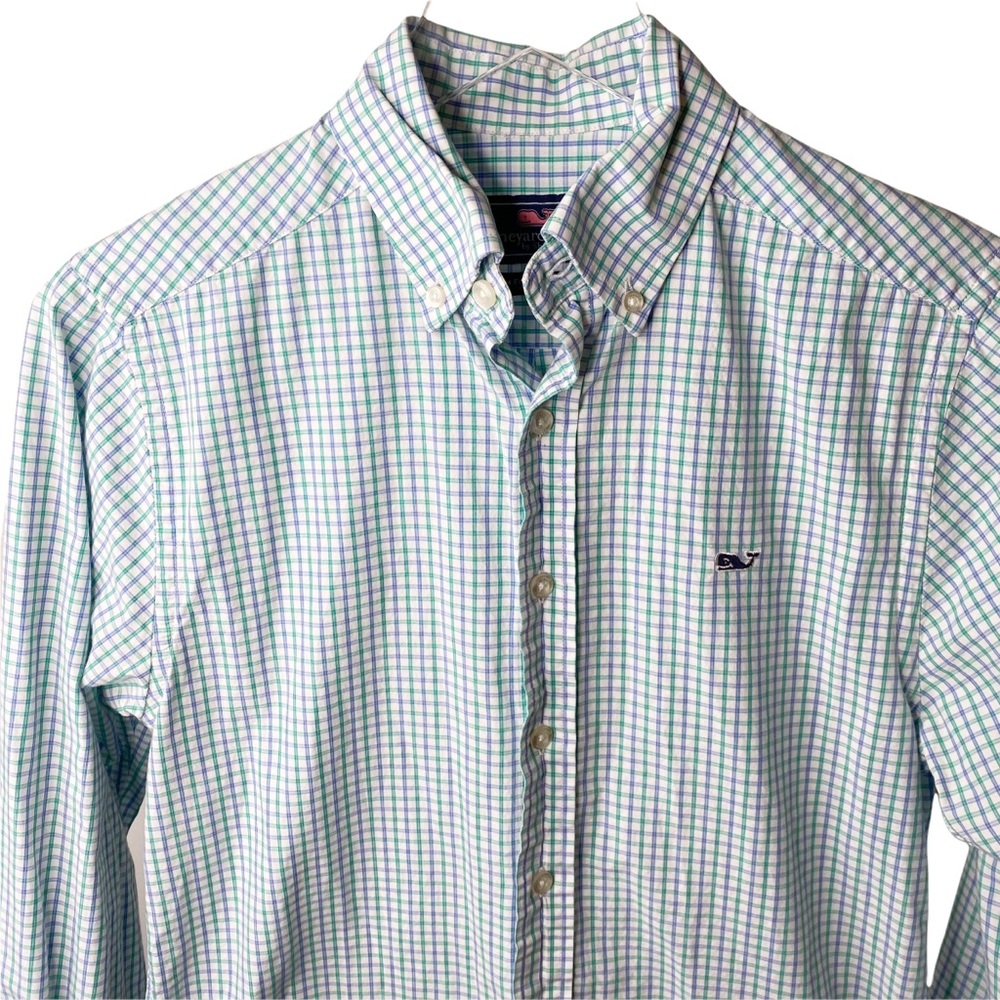 Vineyard Vines Blue Green Gingham Slim Fit Whale Button Down Shirt XS
